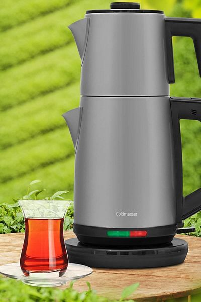 GOLDMASTER Akasya Silver Xl 2200 Watt Patented Drip-Free Design Steel Tea Maker and Kettle