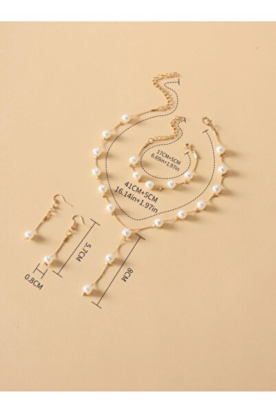 Etique Kadın Yılan Zincirli Inci Detaylı Modern Şık Kolye Bileklik ve Sallantılı Küpe Takı Seti