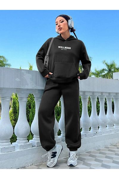 Modern Moda Wellness Self Love Комплект анцуг - Черен щампован костюм Jogger Суичър с гумена качулка
