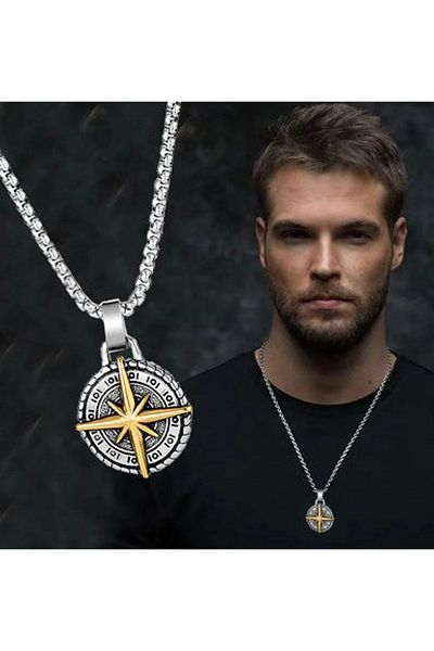 VİKİNGS Retro Compass Necklace with Stainless Steel