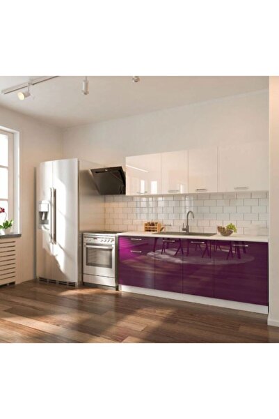 Tdesigno Selvi Hazır Mutfak Dolabı 200 cm Parlak Mürdüm Ve Beyaz Tezgah Dahil...