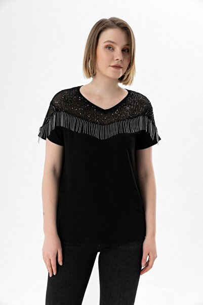 EtkiModa Bluză neagră de damă, cu decolteu în V, cu paiete, detaliată în lant