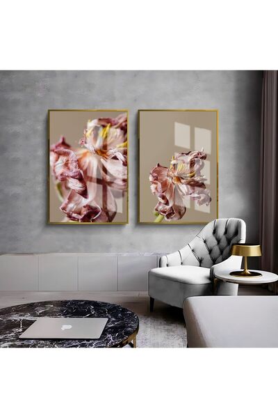 Harikabirev HARİKABİREV | COMBINAT DE FLORI DE CATIFELĂ BEJ-TRIPLU DESUSAT 01 | TABLO DE STICLA CU CADRU 2 PIESE VERTICAL