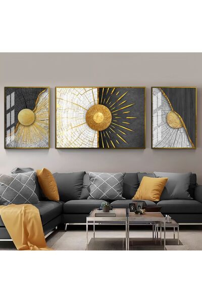 Harikabirev HARİKABİREV|GRİ-GOLD SEVİLEN SOYUT ŞEKİL KOMBİNİ 2|ÇERÇEVELİ TEMPERLİ CAM TABLO 3LÜ YATAY