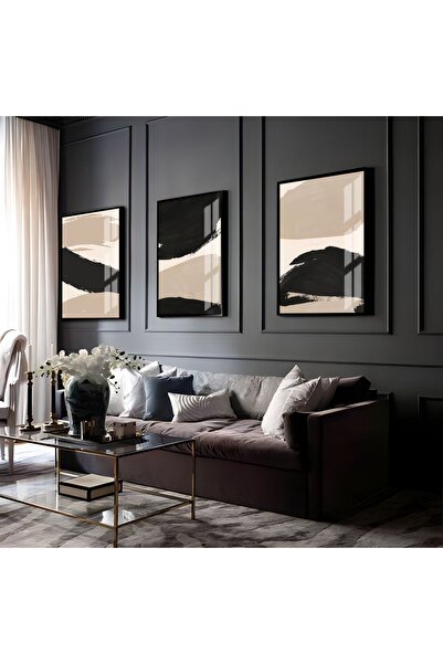 Harikabirev HARİKABİREV | COMBINAT DE ABSTRACTE ABSTRACTE BEJ-NEGRU-CREM 2 | TABLO DE STICLA CU CADRU 3 PIESE VERTICAL