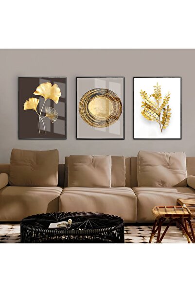 Harikabirev HARİKABİREV | COMBINAT ABSTRACT DE FRUNZE ALB-AUR-GRIGI 01 | TABLO DE STICLA CU CADRU 3 PIESE VERTICAL