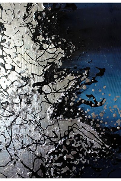 Harikabirev HARİKABİREV | COMBINAT DE ELEPHANT-ABSTRACT ALBASTRU-ARGINTIU 3 | TABLO DE STICLA CU CADRU 3 PIESE VERTICAL