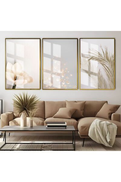 Harikabirev HARİKABİREV | COMBINAT DE FLORI MOALE ALB-GRIS | TABLO DE STICLA CU CADRU 3 PIESE VERTICAL