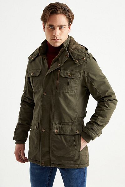 DYNAMO Men's Military Green Hooded Fur Lined Waterproof Coated Thick Coat