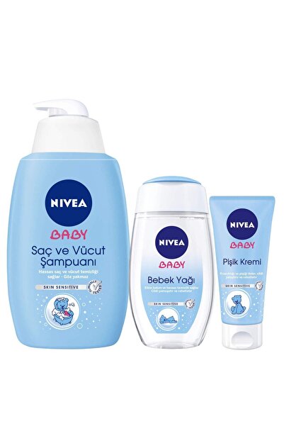 NIVEA Baby Set Saç ve Vücut Şampuanı 500 ml Bebek Yağı 200 ml + Pişik Kremi 100 ml