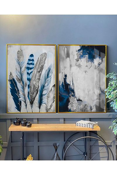Harikabirev | navy blue Ασημί Συνδυασμός Navy Blue Feather And Right | πλαίσιο Τραπέζι από σκληρυμένο γυαλί 2 τεμαχίων κάθετο