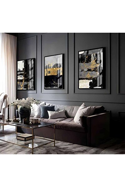 Harikabirev HARİKABİREV | COMBINATIE ABSTRACTĂ AUR-NEGRU-GRI 09 | TABLO DE STICLA CU CADRU 3 PIESE VERTICAL
