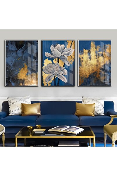 Harika bir ev Hari̇kabi̇rev | Dark Blue-Gold Combination 9 Flowers-Abstract C...