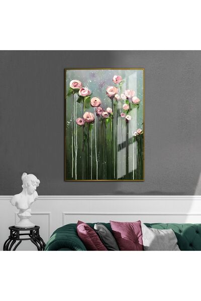 Harikabirev HARİKABİREV|YEŞİL-GRİ-PEMBE ÇİÇEK MODELİ |ÇERÇEVELİ TEMPERLİ CAM TABLO TEKLİ DİKEY