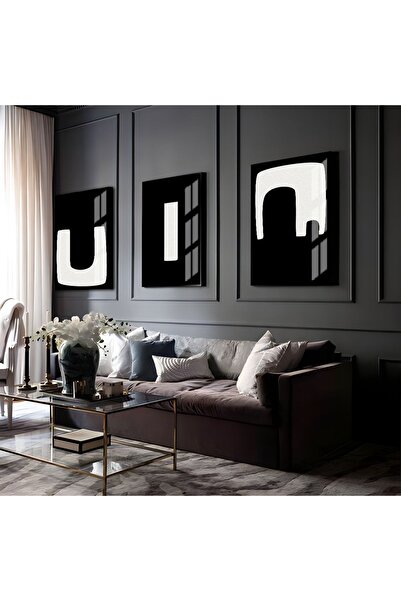 Harikabirev HARİKABİREV | COMBINAT ABSTRACT ABSTRACT NEGRU-ALB 05 | TABLO DE STICLA CU CADRU 3 PIESE VERTICAL