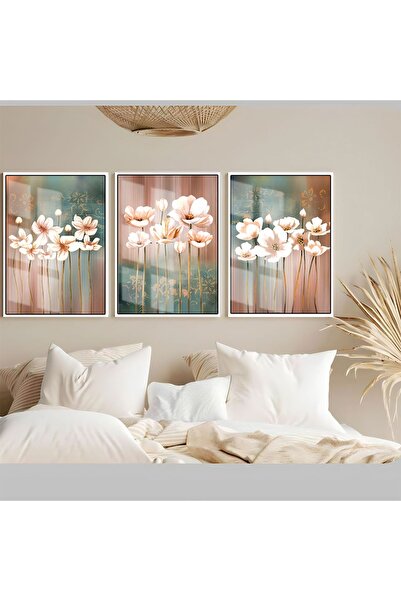 HARIKABIREV|SOFT GREEN-BROWN MOST STYLISH FLOWER COMBINATION|FRAMED TEMPERED GLASS TABLE 3-PIECE VERTICAL