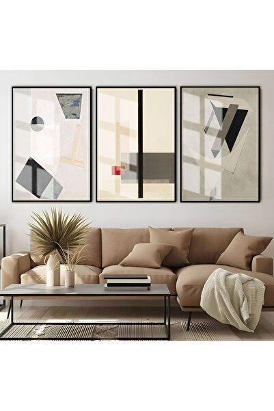 Harikabirev HARİKABİREV | COMBINAT ABSTRACT BEJ-NEGRU | TABLO DE STICLA CU CADRU 3 PIESE VERTICAL