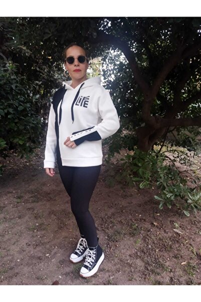 Azra Moda Style Πλεκτή λεπτομέρεια με κουκούλα Πέρλα Λευκό Μαύρο Χρώμα Σ επέν...