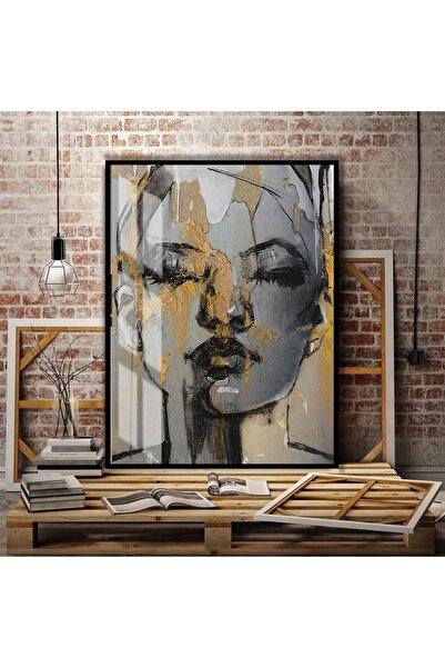 Harika bir ev HARİKABİREV|GOLD-GRİ RENK SOYUT KADIN TABLOSU |ÇERÇEVELİ TEMPER...
