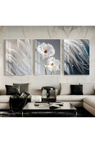 Harika bir ev HARİKABİREV|GÜMÜŞ-BEYAZ RENK ÇİÇEK-TÜY KOMBİN 03|ÇERÇEVELİ CAM ...