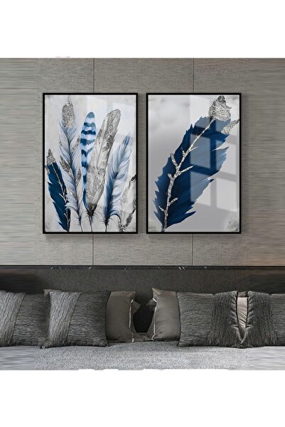 Harika bir ev Hari̇kabi̇rev | Dark Blue-Grey Combined Feathers 2 | Framed Gla...