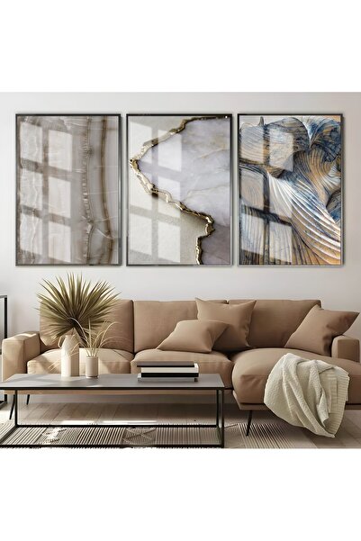 Harikabirev HARİKABİREV | COMBINAT ABSTRACT CREAM-BLUE-WHITE | TABLO DE STICLA CU CADRU 3 PIESE VERTICAL