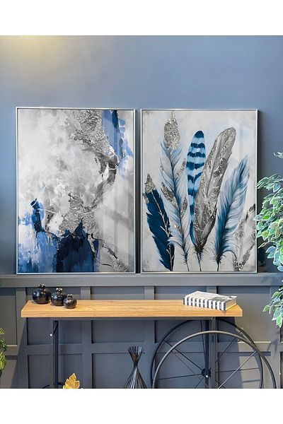 Harikabirev | navy blue Ασημί Συνδυασμός Navy Blue Feather And Left | πλαίσιο Τραπέζι από σκληρυμένο γυαλί 2 τεμαχίων κάθετο