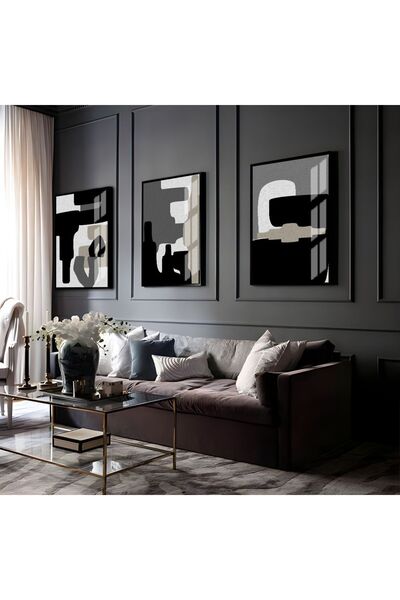 Harikabirev HARİKABİREV | COMBINATIE ABSTRACTĂ GRAY-NEGRU 01 | TABLO DE STICLA CU CADRU 3 PIESE VERTICAL