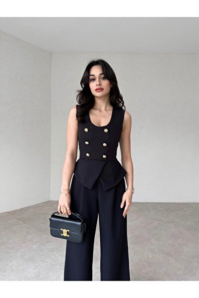 Afiş Butik Μαύρη φόρμα με χρυσά κουμπιά - Μηδενικό μανίκι