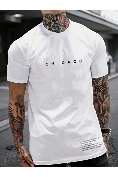 NOFLEN Tricou alb cu imprimeu Chicago, cu croiala larga