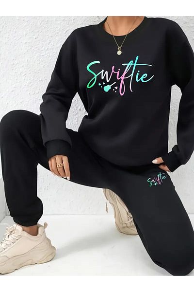 Pink Sky Swiftie Printed Tracksuit Set - Oversize Hooded Bottom and Top Set