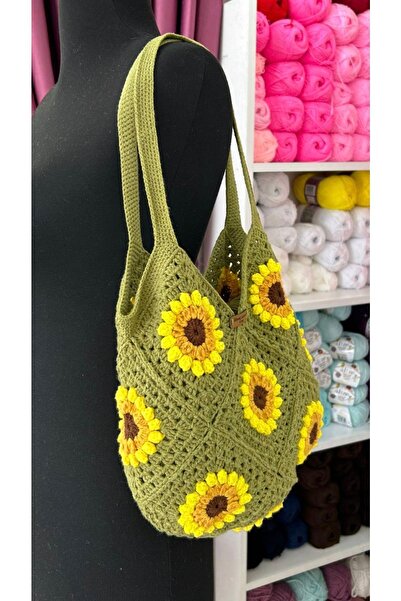 B BUL AKSESUAR Ay Çiçeği Motifli El Yapımı Örgü Kadın Omuz Çantası