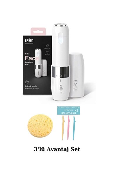 Braun Mini Tüy Alma Makinesi Pil/Fırça Seyahat Boy Bıyık, Çene - Sünger ve 3'lü Kaş Usturası Hediyeli