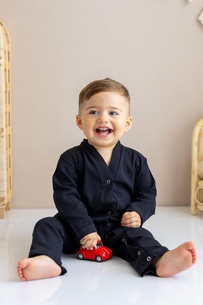 BeyzBaby Şile Bezi Baby Black Long Sleeve Cross Muslin Jumpsuit