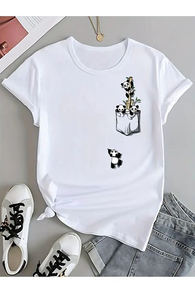 Pink Sky Μπλουζάκι Unisex Oversize Crew Neck Panda με στάμπα
