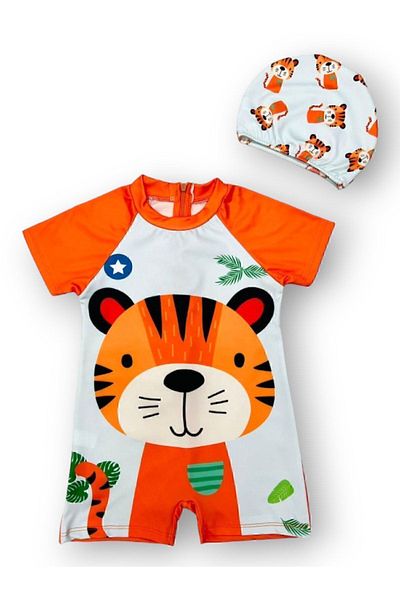 Pijamayo Baby Boy Lion Printed Short Sleeve Bonnet and Swimsuit Set