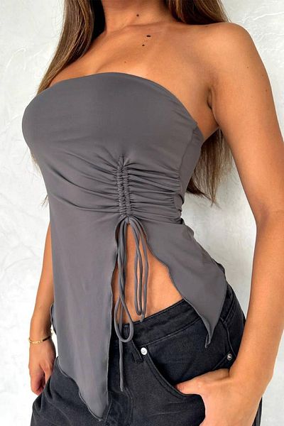 Edela Asymmetrical Slit Strapless Gray Blouse - Lace-up 4014