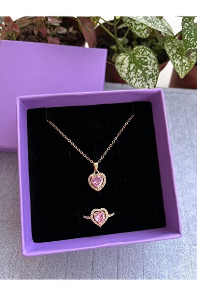 Sepetten Eve Çelik Gold Kalpli Taşlı Kolye Kalpli Pandora,s Yüzük Takım
