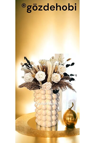 gözde hobi Διακοσμητικό βάζο με ξηρά λουλούδια Gökdehobi / βάζο pampas / βάζο μεγάλου μεγέθους με φυσαλίδες / μπεζ