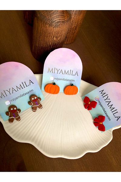 TREND Christmas Themed Set of 3 - Cookie, Man, Pumpkin and Bow Polymer Christmas Earrings