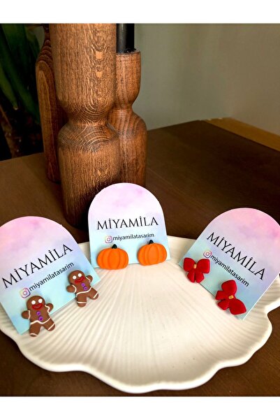 TREND 3lü Set Noel Temalı Kurabiye Adam Balkabağı Fiyonk Polimer Christmas Yılbaşı Küpe