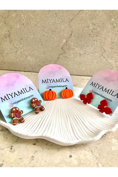 TREND Christmas Themed Set of 3 - Cookie, Man, Pumpkin and Bow Polymer Christmas Earrings