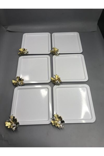 Mira züccaciye Beyaz Lüx Kelebek Aksesuarlı Paslanmaz Çelik Kare 6’lıkahve, Çay, Dekoratif Sunum Servis Tepsisi