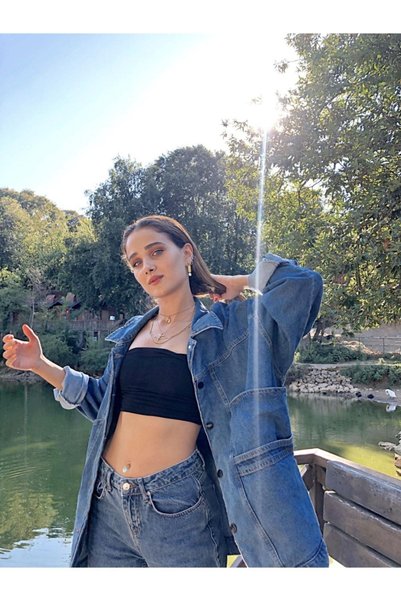 Qeysa Women's Light Blue Vintage Oversize Denim Jacket