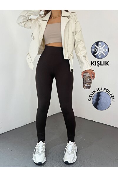 RuyaMood Γυναικείο καφέ χειμωνιάτικο πλεκτό κολάν με φλις εσωτερικά ψηλόμεσο κορσέ Interlock Steel