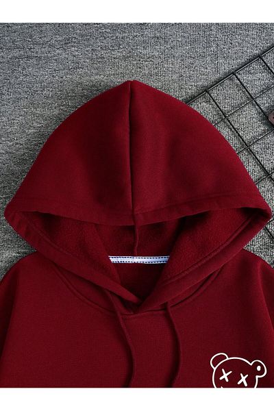 aynewmoda Бордо суитшърт с качулка и щампа на плюшено мече