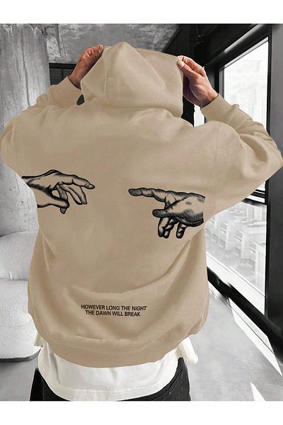 aynewmoda Ecru Oversize Hooded Sweatshirt - Two Hands Printed and Zippered