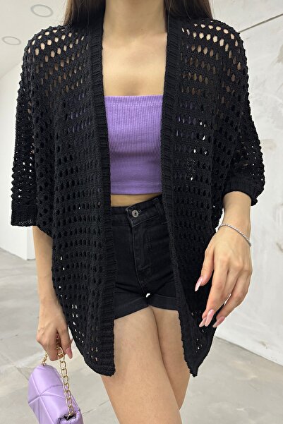 Cistern İstanbul Γυναικεία Μαύρη Ζακέτα με μανίκια νυχτερίδα δαντελωτή πλέξη