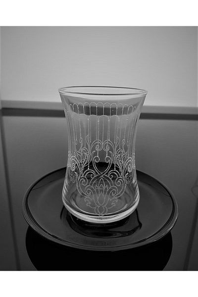 BardakçıMurat Transparent Glass with Lace Laser Drawing Label 12 Pieces 6 Person 6 Piece Tea Set