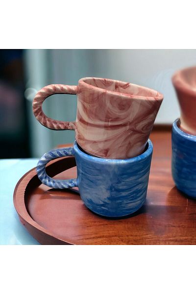 İZart Pack of 2 Knitted Handles Marbled Patterned Hand Embroidered Ceramic Mug